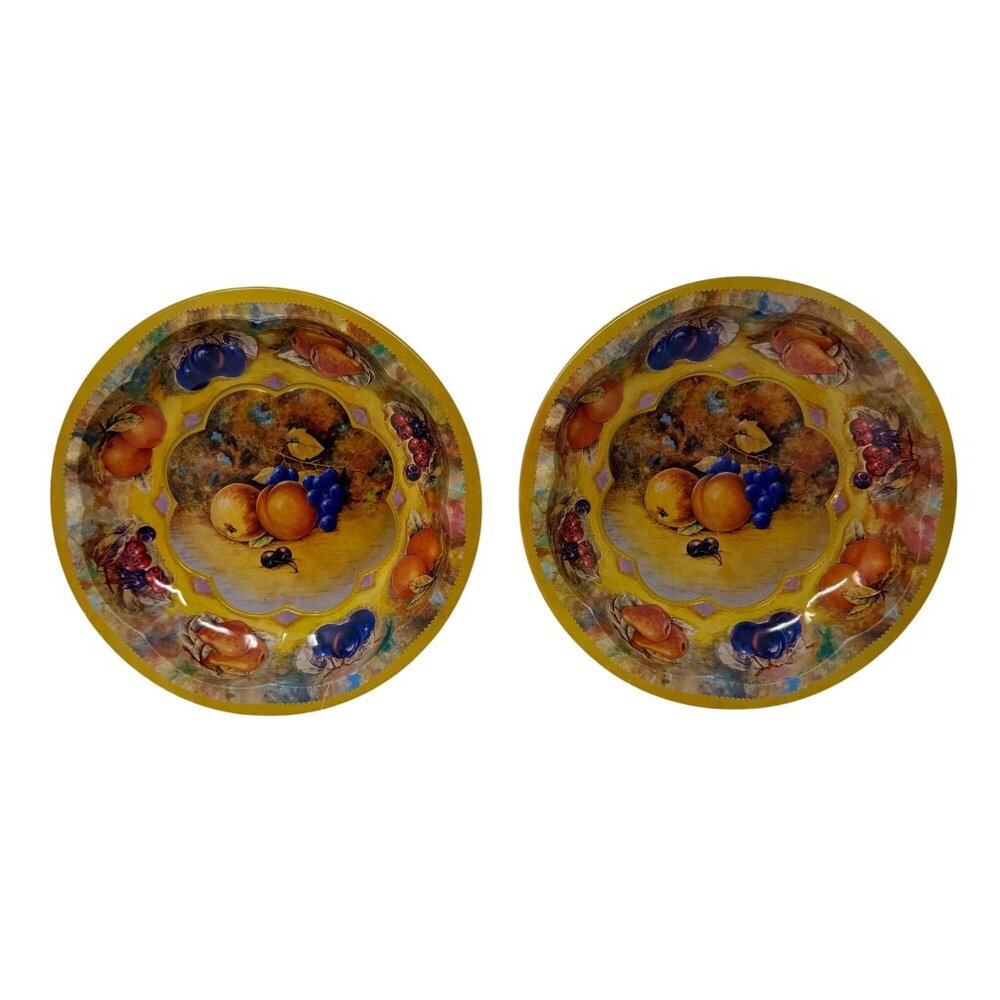 Vtg Tin‎ Box Co Toleware Fruit Plates Pair Yellow Metal Decorative Serving Bowls